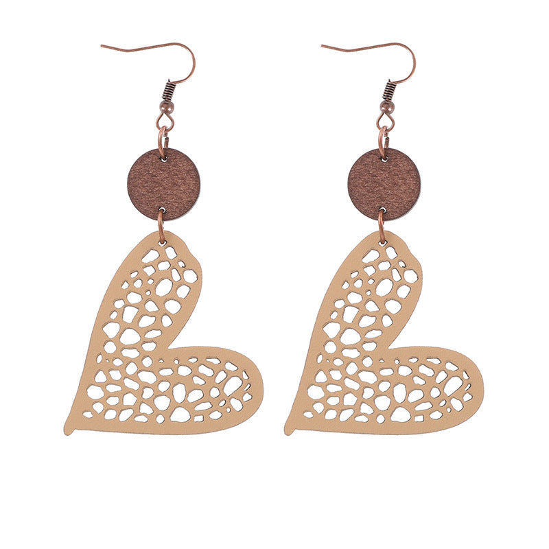 Wholesale Fashion Valentine's Day Heart Wood Hollow Mesh Leather Earrings